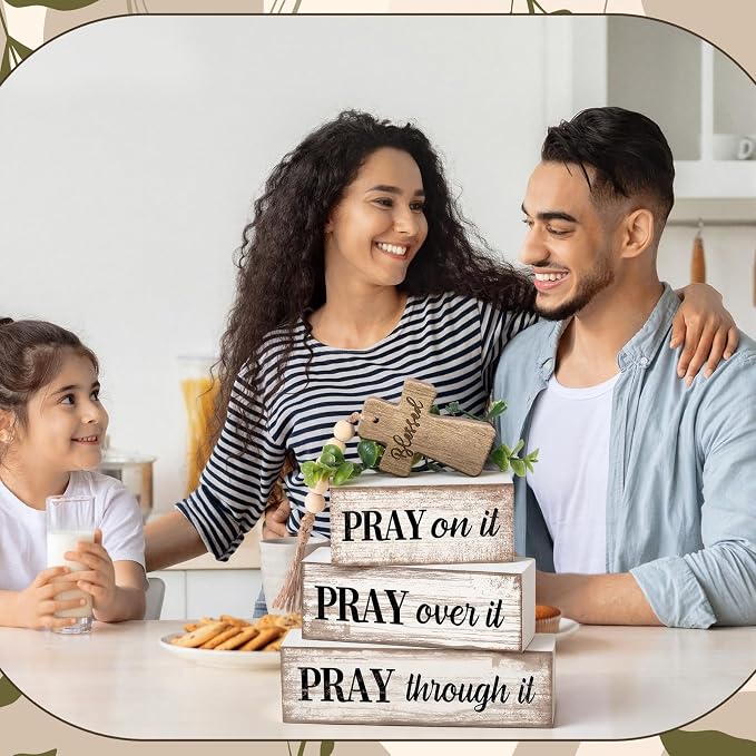 Moucuny 4 Pcs Christian Table Decor Wooden Cross Wooden Bible Verse Sign Inspirational Religious Christian Centerpiece Pray Block Signs Farmhouse Table Decoration for Mother's Day - Image 6