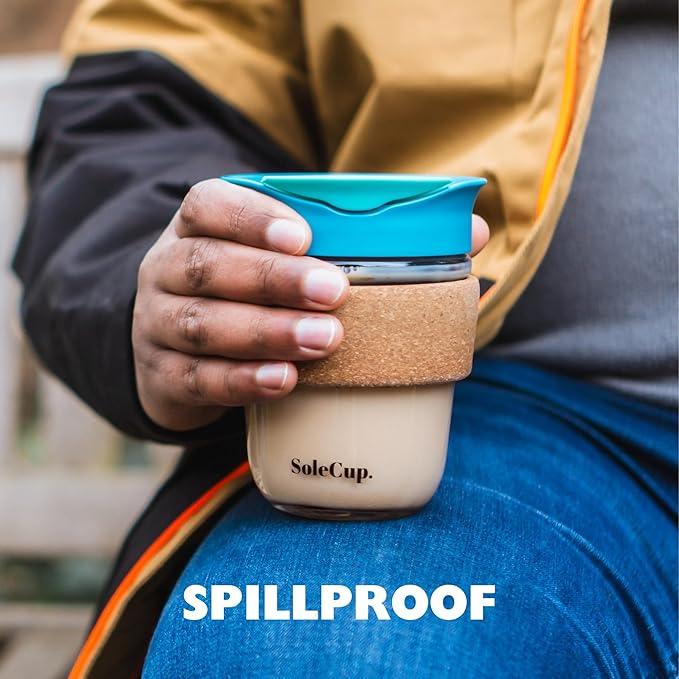 Reusable Strengthened Glass Travel Cup - Spill Proof Insulated Coffee Mug - 12oz/340ml BPA-Free Hot Drink Travel Mug with Lid & Cork Band (Black, 12oz)