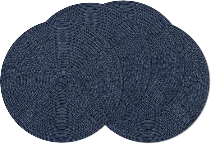 SHACOS Round Placemats Set of 4 Washable 15 inch Round Table Mats Cotton Polyester Woven Braided Place Mats for Dining Table, Navy by SHACOS