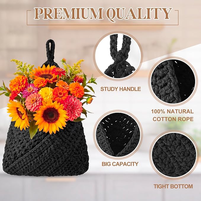 Honeydak Boho Decor Hanging Wall Baskets for Kitchen 3 Pack Teardrop Baskets with Hooks Storage Fruit Onion Vegetable Potato for Home 3 Sizes(Black,Triangle,Cotton Rope) - Image 3