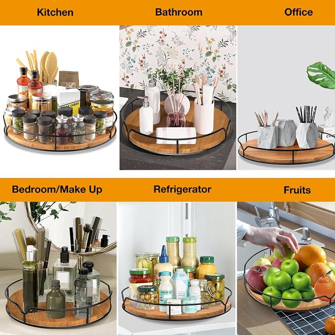 Lazy Susan Turntable Organizer for Cabinet Pantry Kitchen Countertop Refrigerator Cupboard, Pine Wood (Carbonized Black, 14“) - Image 4