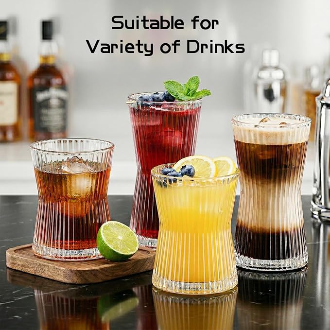 JOVGANK Drinking Glasses Set of 8 – Lead-Free Crystal Glassware, 4 Tall 10oz & 4 Short 8.5oz Vintage Ribbed Tumbler Glasses, Dishwasher Safe, for Juice Beer Cocktails, Great Housewarming Gift, Set B - Image 7
