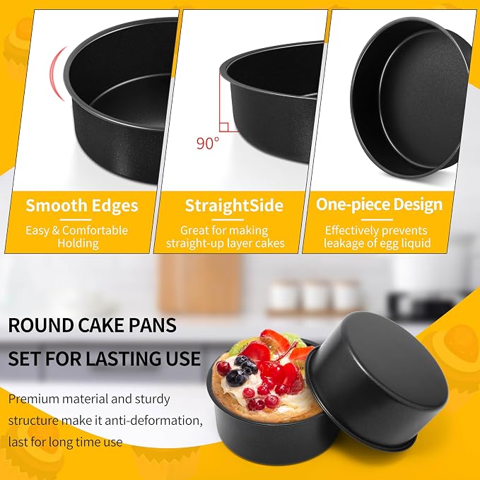 P&P CHEF 4 Inch Cake Pan Set, Non-stick Baking Pans for Cake, 4Pcs | Round Cake Baking Tins for Tier Smash Cakes, Bread, Non-Toxic & Solid, Stainless Steel Core & Leak-Proof, Black - Image 3