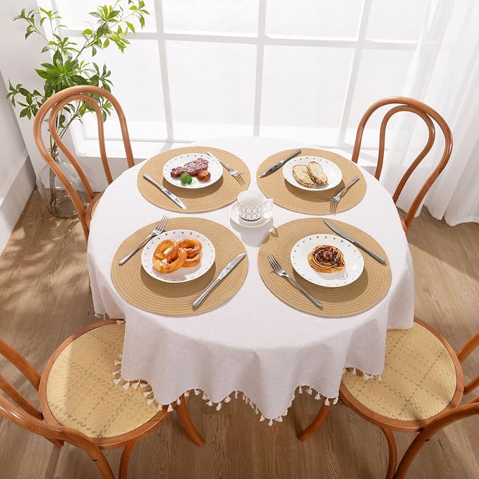 SHACOS 15 inch Round Braided Placemats Set of 4 Cotton Polyester Place Mats Washable Kitchen Dining Table Mats for Dinner Party Table Decor (Camel, 4) - Image 8