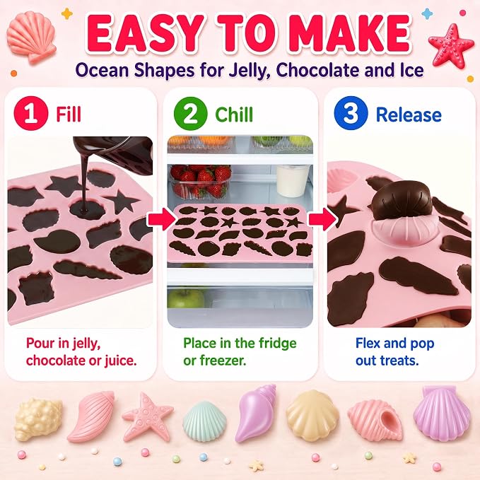 3Pcs Seashell Chocolate Molds, Ocean Themed Cake Baking Molds for Candy Fondant, 24-Cavity Silicone Mold for Cookies, Cupcake Toppers and DIY Cake Decorating - Image 6