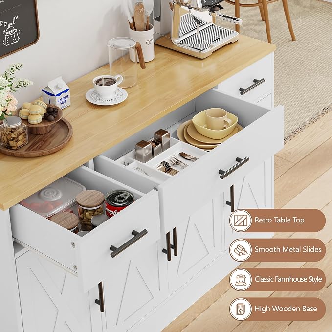 Vongrasig 53” Sideboard Buffet Cabinet with with Storage | Large Farmhouse Coffee Bar Cabinet with 4 Doors and 3 Drawers for Kitchen, Living Room, White - Image 6