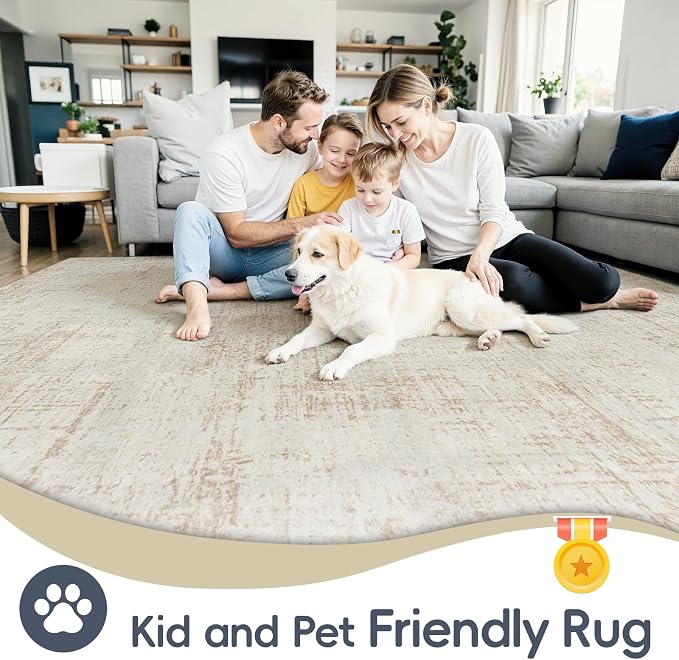 5x7 Washable Area Rug for Living Room Bedroom: Non-Slip Modern Beige White | Machine Washable TPR Backing, Stain-Resistant Low Pile, Pet & Kid Friendly, Abstract Decor for Dining Room, Dorm, Home Office - Image 5