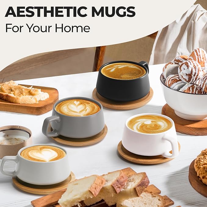 MIAMIO - Cappuccino Cup Set of 4, Ceramic (9.5oz) - Luxe (Classic Pastel) | Ceramic cappuccino cups and saucers, wide latte cups and mugs for Americano, 4-piece set of ceramic cups, dishwasher safe - Image 2