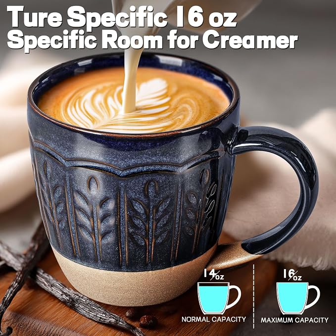 Artena Ceramic Coffee Mugs Set of 4, 16oz Embossed Large Latte Mugs Coffee Cups with Handle for Tea, Latte, Cappuccino & Cocoa, Milk Dishwasher & Microwave Safe, Blue (Wheat Leaf) - Image 3
