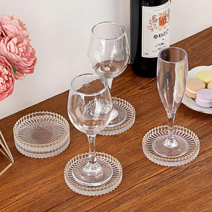 Set of 5 Modern Clear Coaster-Glass Coasters for Drinks,Clear with Gold Rim | Crystal Coasters Round Cup Mat, Coffee Table Decor for Office, Kitchen, Bar, Dining Room, Living Room, Patio - Image 2