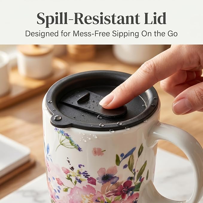 Topadorn 17oz Ceramic Travel Mug with Lid & Gift Box, Coffee Cup for Tea | Watercolor Flower Coffee Cup for Tea, Latte & Office Desk, Pink Garden Design - Image 9