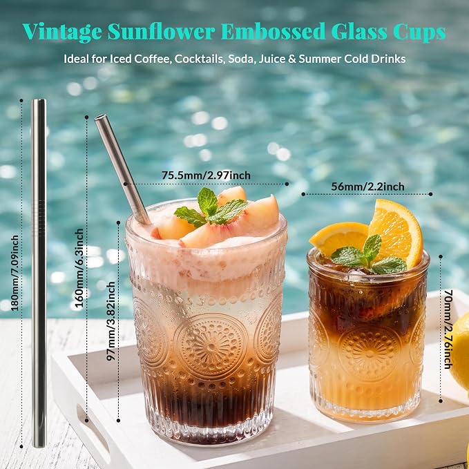 CycleMore 12Pc SunFlower Drinking Glasses,15oz + 12oz + 4oz Clear Cup | Bar Tumbler Glassware with 8 Stainless Straws for Juice, Cocktail, Whiskey, Espresso. Dishwasher Safe & Lead-Free Glass. - Image 3