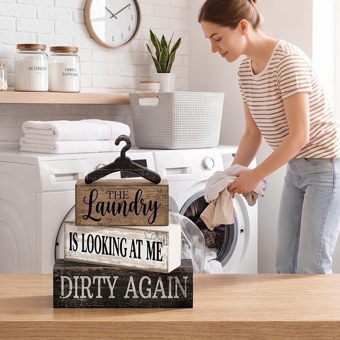 Moucuny 4 Pcs Farmhouse Laundry Room Decor and Accessories Stacked Blocks The Laundry Is Looking at Me Dirty Again Wooden Signs with Vintage Hanger - Rustic Farmhouse Sign for Home Bathroom Shelf Gift - Image 3