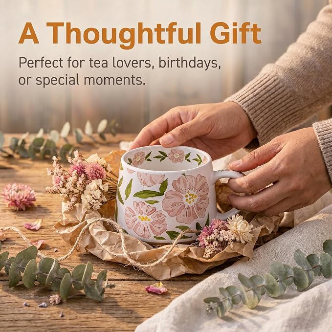 Ceramic Coffee Mug, 13oz Floral Design Pottery cute mugs, Ideal Gift for Women unique vintage pretty coffee mugs (Pink Bulky Flower Mug) - Image 7