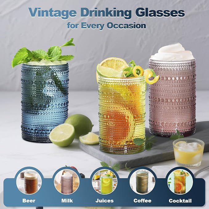 15oz Colored Hobnail Drinking Glasses, Vintage Glasses Drinking Set of 6, Embossed Beaded Glass Cups for Kitchen, Beer, Juice, Cocktail, Whiskey, Milk - Image 6