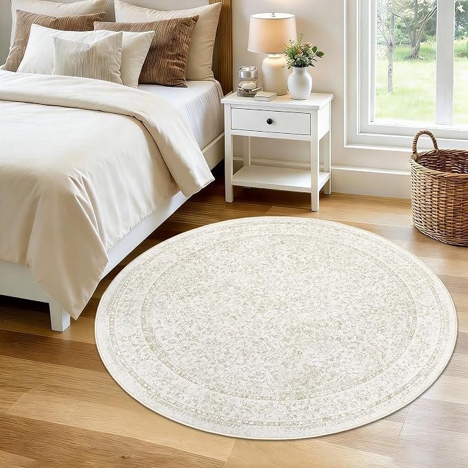 Round Rugs 4ft Vintage Floral Small Circle Rug, Washable Non Slip Soft Low Pile Stain Resistant Carpet for Living Room Bedroom Entryway Dining Room (FloralBeige, 4' Round) - Image 2