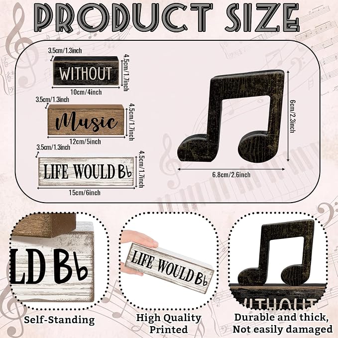 Moucuny 4 Pcs Music Notes Decor Wooden Centerpiece Musicical Party Decoration Musical Notes Theme Tiered Tray Table Signs, Farmhouse Wood Book Stack Decor Office Accessories for Music Home Room Gift - Image 3