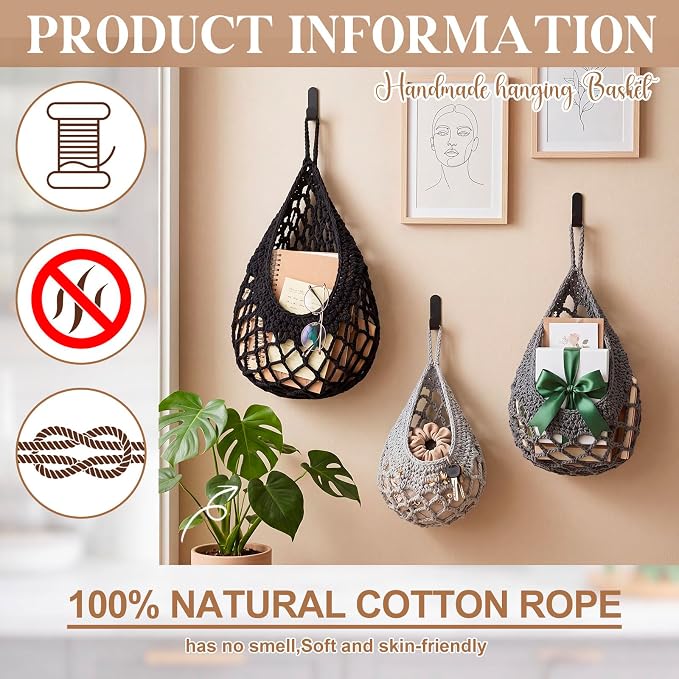 Honeydak Boho Decor Hanging Wall Baskets for Kitchen 3 Pack Teardrop Baskets with Hooks Storage Fruit Onion Vegetable Potato for Home(Light Grey, White, Dark Grey,Crochet,Cotton Rope) - Image 3