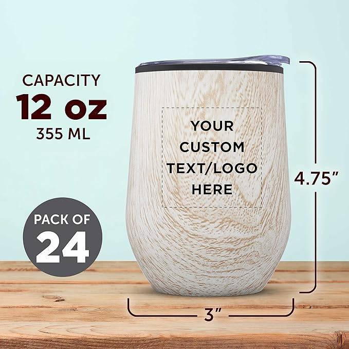 Custom Palmera Stemless Wine Tumblers with Lids 12 oz. Set of 24, Personalized Bulk Pack - Perfect for Wine, Cocktails, Other Hot & Cold Beverages - Ashwood