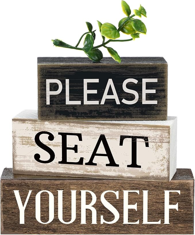 Moucuny 4 Pcs Bathroom Shelf Decor Farmhouse Bathroom Decor and Accessories Please Seat Yourself Sign Rustic Eucalyptus Leaves Wood Block Sign Gift Home Table Centerpiece for Home Office by Moucuny