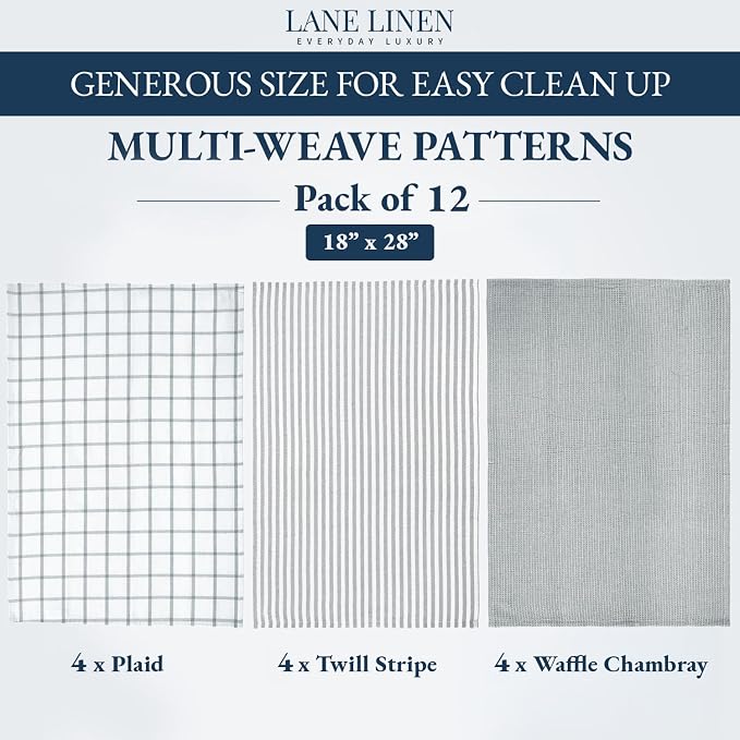 LANE LINEN Kitchen Towels & Dishcloths Set of 12-100% Cotton, Quick-Drying 18” x 28” Absorbent Dish & Tea Towels, Soft Hand Towels for Kitchen - Grey - Image 3