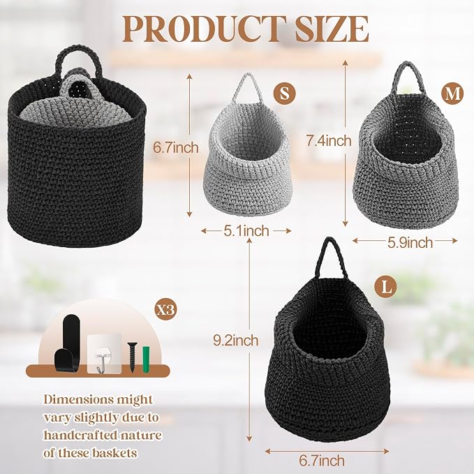 Honeydak Boho Decor Hanging Wall Baskets for Kitchen 3 Pack Teardrop Baskets with Hooks Storage Fruit Onion Vegetable Potato for Home(Light Grey, White, Dark Grey,Barrel,Cotton Rope) - Image 2