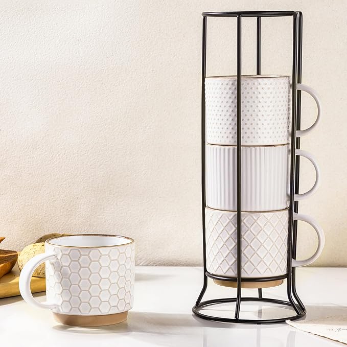 GBhome 12 OZ Stackable Coffee Mugs Set of 4, Ceramic White Coffee Cups Set | Coffee Mugs With Stand, Dishwasher&Microwave Safe, 4 Assorted Designs by GBhome