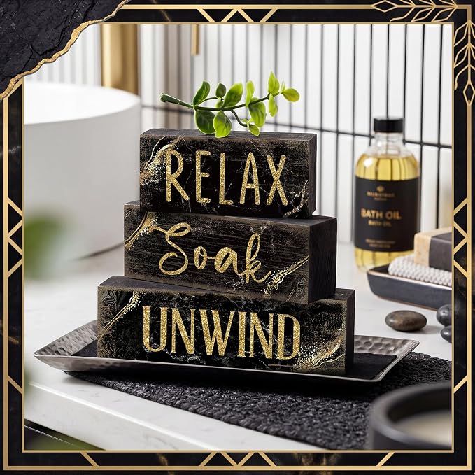 Moucuny 4 Pcs Black and Gold Bathroom Shelf Decor Sign Farmhouse Bathroom Decor and Accessories Rustic Eucalyptus Leaves Block Sign Gift Relax Soak Unwind Farmhouse Table Centerpiece for Home Toilet - Image 3