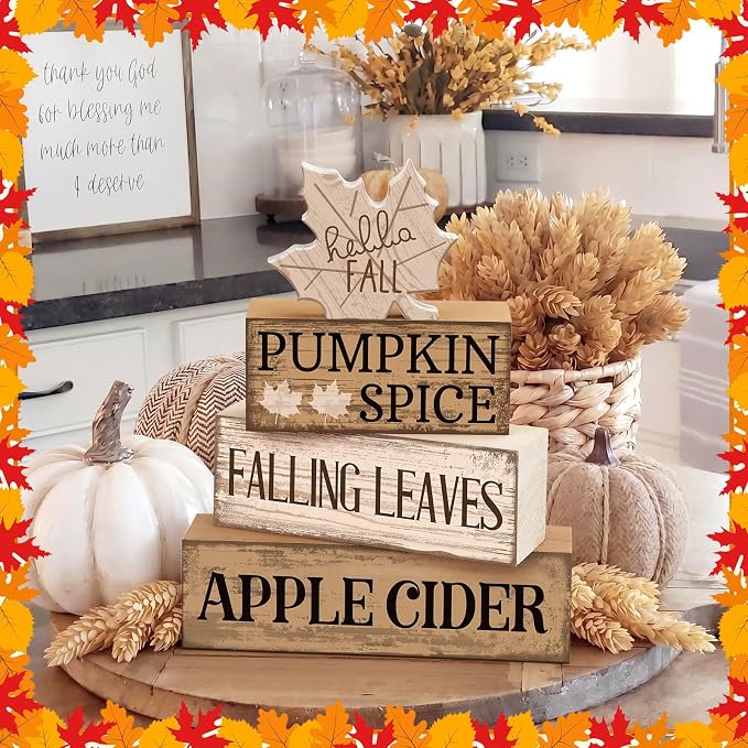 Moucuny 4 Pcs Neutral Fall Table Decor for Home Maple Leaf Wooden Blocks | Thanksgiving Tiered Tray Decor, Brown and White Rustic Maple Leaf Block Signs Gift Fall Centerpiece for Harvest Home Kitchen - Image 7
