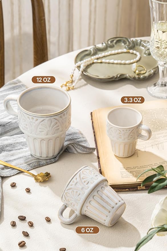 3.3 OZ Coffee Mugs, Ceramic Coffee Mug, Espresso Cups, Stackable Mug, Mug Set of 6, Coffee Cups for Tea Cocoa Cappuccino - Office Party Gathering, Great Gift for Birthday Housewarming Wedding, Beige - Image 4
