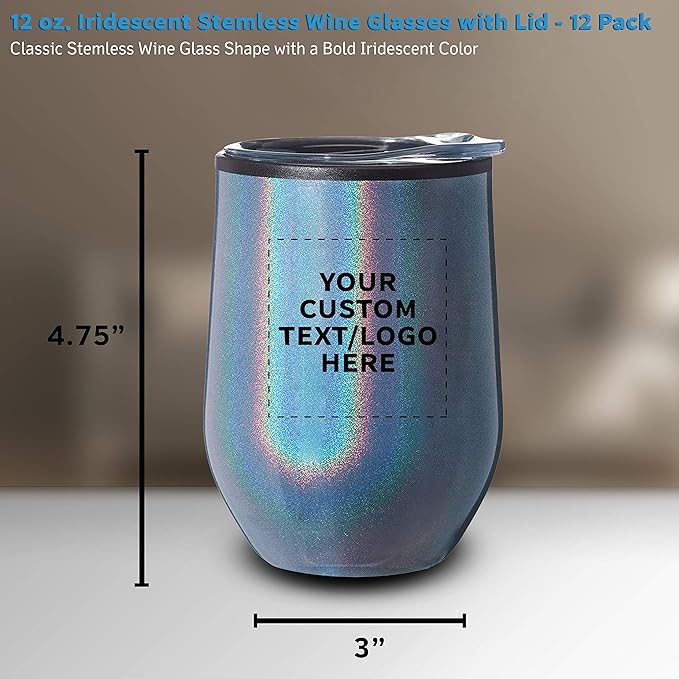 Custom Palmera Stemless Wine Tumblers with Lids 12 oz. Set of 12, Personalized Bulk Pack - Perfect for Wine, Cocktails, Other Hot & Cold Beverages - Iridescent Blue