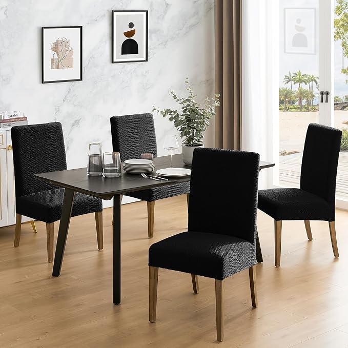 MOSAYT 100% Waterproof Dining Room Chair Covers Set of 4, Super Fit Stretch Jacquard Parson Chairs Slipcovers Removable Washable Chair Seat Protectors for Home, Kitchen, Banquet (Black) - Image 2