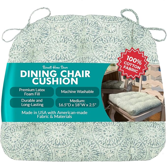 Barnett Home Decor Tibet Spa Dining Chair Pad with Ties - Medium Size 18 Chair Cushion - Latex Foam Fill - Machine Washable, Reversible, 100% Cotton, Made in USA (Blue-Green Mandalas) by BarnettHomeDecor