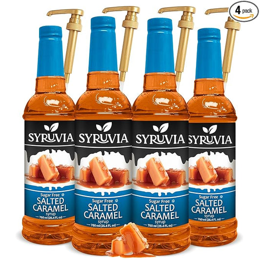 Syruvia Sugar-free Salted Caramel - 25.4 fl oz. Premium Coffee Flavoring Syrup. 0 Calories, Kosher, and Gluten-Free. Perfect for Drinks, Sodas, Shakes, Desserts, and More With Pump (Pack of 4)