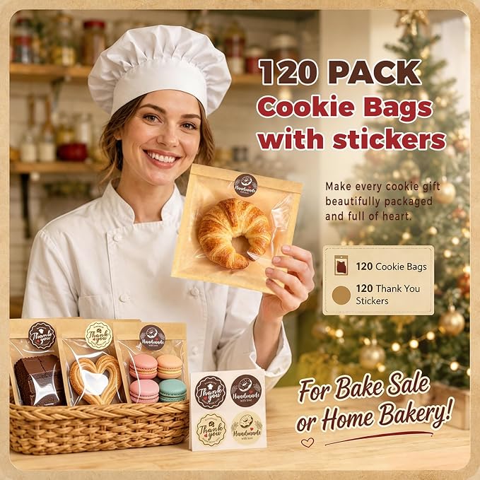 120PCS Cookie Bags with Seal, 7.1 x 7.5 Inch Cookie Packaging with Stickers | Heat Sealable & Grease Resistant Paper Bakery Bags with Window, Pastry Bags for Bake Sale Treat Scone Donut Brownie - Image 3