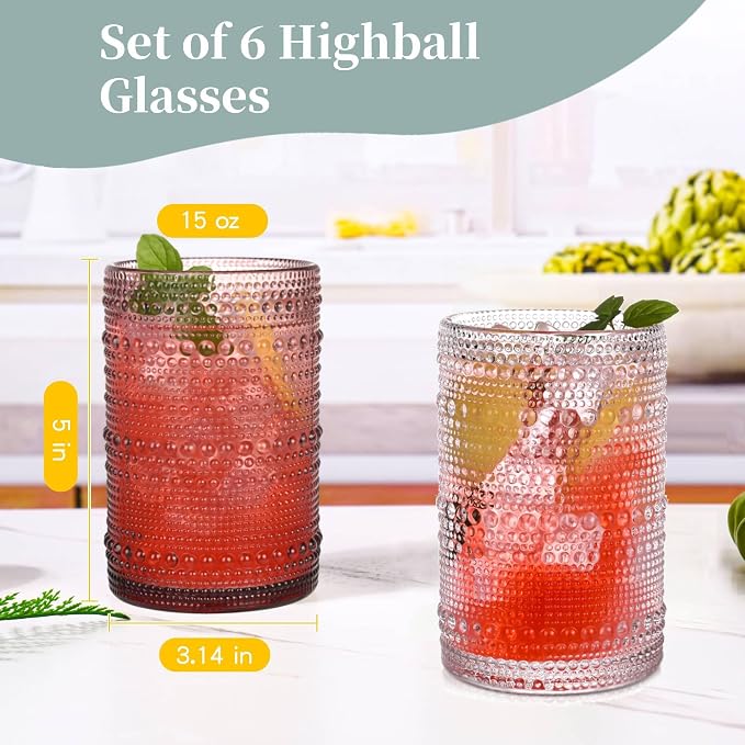 Purple Hobnail Drinking Glasses Set of 6,15 oz Vintage Highball Glasses,Drinkware Kitchen Glasses for Cocktail,Iced Coffee,Beer,Ice Tea,Wine,Whiskey,Water - Image 3