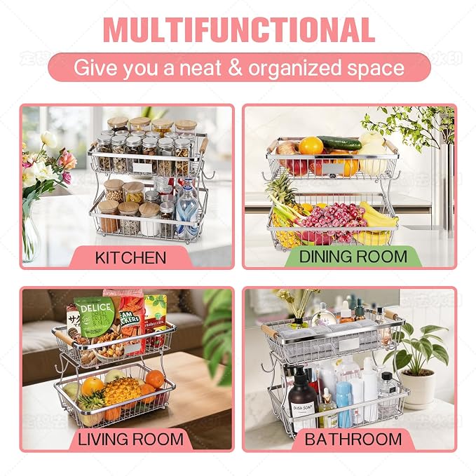 Fruit Basket Bowl 2 Tier Detachable with 2 Banana Hangers, Fruit Stand Holder for Kitchen Countertop, Metal Wire Vegetable Storage Organizer, for Bread Snack Veggies Produce, Chrome - Image 3