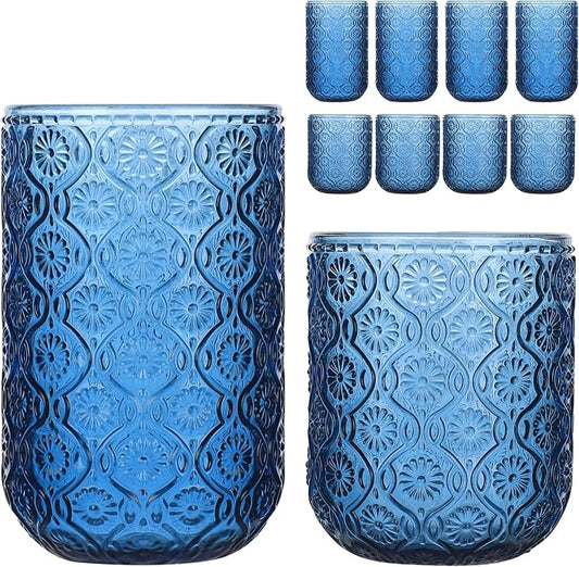 Set of 8 Vintage Embossed Glassware,4 Highball Glasses 14oz & 4 Rocks Drinking Glasses 9oz, Blue, Art Deco, for Wine, Water, Cocktail, Juice, Whiskey, Gift by WeirdUncle