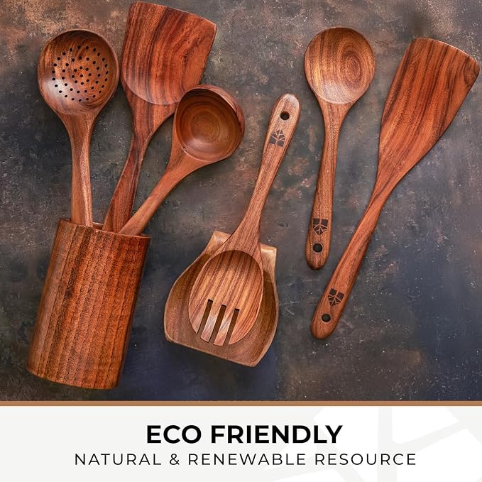 Wooden Utensil Set, 8 Pcs Teak Wooden Spoons for Cooking with Holder | Includes Spatula, Turner, Ladle, Skimmer, Spoon Rest & 6 Hooks – Sturdy, Non-Scratch, Easy to Clean - Image 8