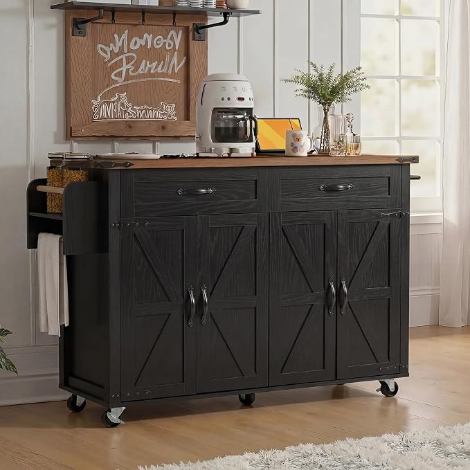Farmhouse Rolling Kitchen Island with Power Outlet, Drop Leaf Breakfast Bar, Wooden Mobile Storage Island Cart on Wheels with Drawers, Spice Rack for Kitchen Dining Room (Black) by Amposei