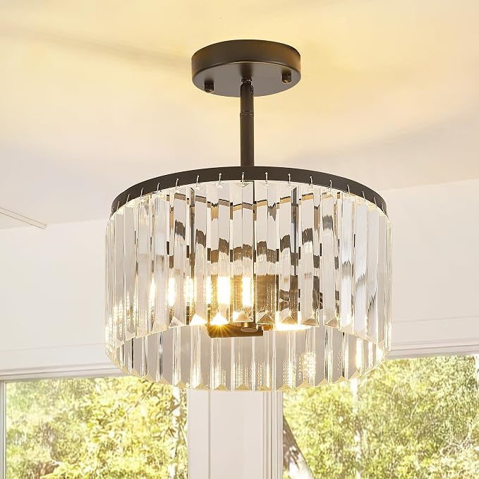 Modern 12" Black Semi Flush Mount Crystal Ceiling Light Fixtures for Dining Room Luxury Glam 2-Light Small Chandeliers Lighting for Bedroom Entryway Hallway Living Room Kitchen Island Foyer by Lighceac-ProfessionalLightingFixturesManufacturer