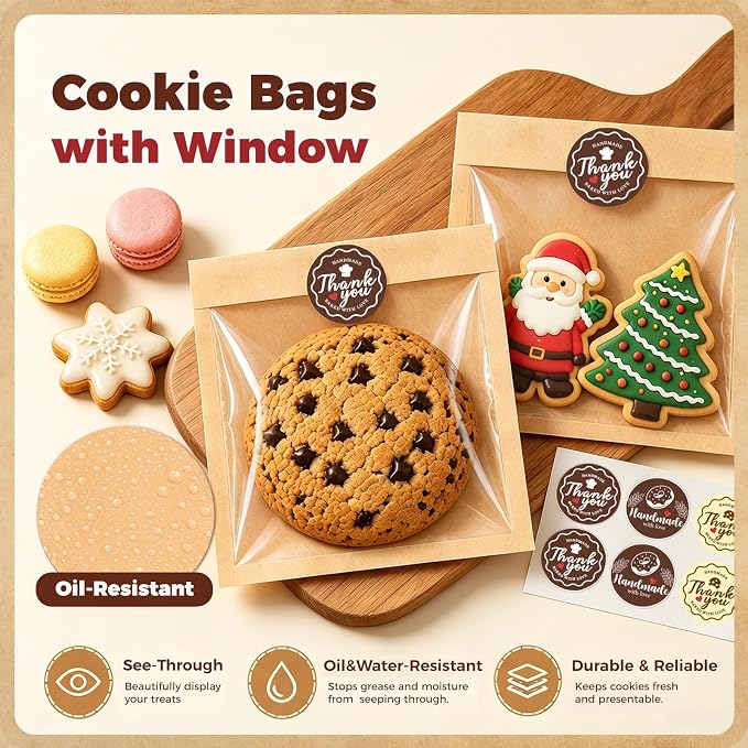 120PCS Cookie Bags with Seal, 5.7 x 6.5 Inch Cookie Packaging with Stickers | Heat Sealable & Grease Resistant Paper Bakery Bags with Window, Pastry Bags for Bake Sale Treat Scone Donut Brownie - Image 4