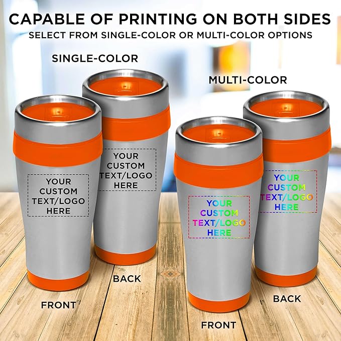 Custom Insulated Stainless Steel Travel Mugs 16 oz. Set of 10, Personalized Bulk Pack - Perfect for Coffee, Soda, Other Hot & Cold Beverages - Orange