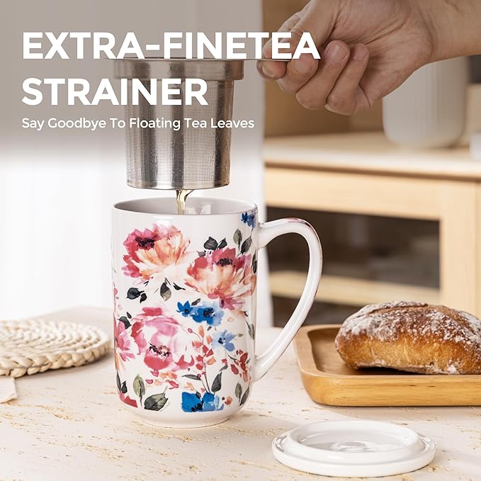 GBHOME Tea Mug with Infuser and Lid, 18 Ounce Large Ceramic Loose Leaf Cup, Microwave, Dishwasher Safe, Perfect For Tea Lovers