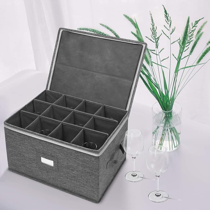 Stemware Storage Cases, Wine Glass Storage Box Containers for Crystal | Glassware Storage Containers Holds 12 Red or White Wine Glasses, Hard Top and Sides (Grey) - Image 5