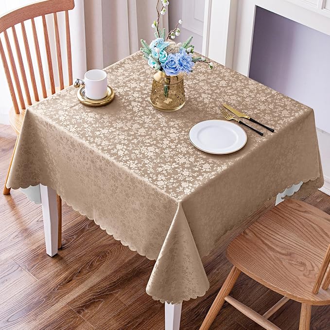 Smiry Square Waterproof Heavy Duty Vinyl Tablecloths, 54 x 54 Inch | Wipeable Washable Floral Embossed Table Cover for Kitchen and Dining Room, Indoor & Outdoor Use, Khaki by Smiry