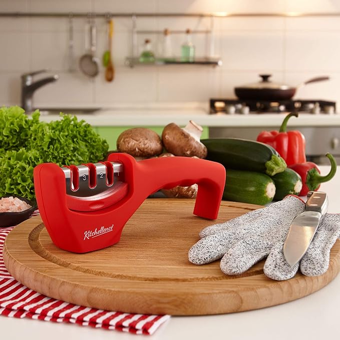 4-in-1 Kitchen Knife Accessories: 3-Stage Knife Sharpener Helps Repair, Restore and Polish Blades and Cut-Resistant Glove - Image 5