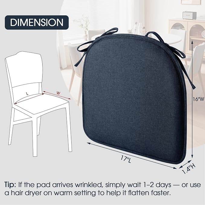 TushGuard Chair Cushions, 4 Pack Memory Foam Chair Pads, Blue | Dining Chair Pads with Fixed Straps, Thin Seat Cushion, Anti-Slip Kitchen Chair Cushion Set - Image 5