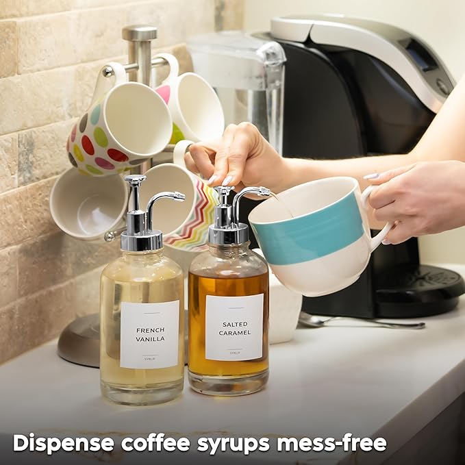 Coffee Syrup Dispenser with Pump - Includes 24 Flavor Labels - Glass Syrup Dispenser for Coffee Bar - Elevate your Beverage Station with 16.9 fl oz Flavoring Container Bottles, 2pcs, Silver