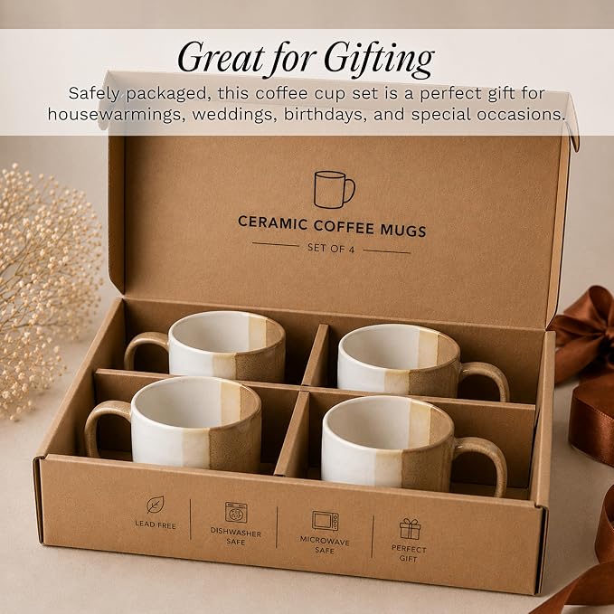 SANGO Phoebe Caramel/White Coffee Mugs Set of 4, 15 oz Stoneware Coffee Mug Set, Big Glossy Ceramic Tea Cup for Cappuccino, Latte, Cocoa, Large Coffee Cups with Handle, Microwave & Dishwasher Safe - Image 5